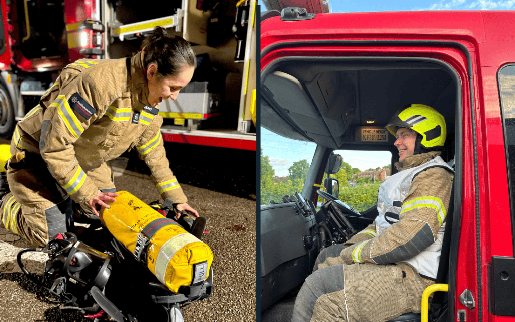 On-Call Firefighter checking equipment next to On-Call crew commander sitting in fire engine