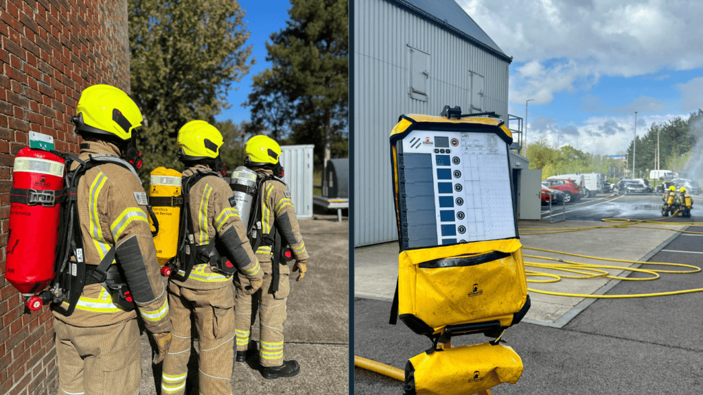 Firefighters on left hand side wearing new breathing apparatus equipment. Right hand side shows equipment board in closer detail.