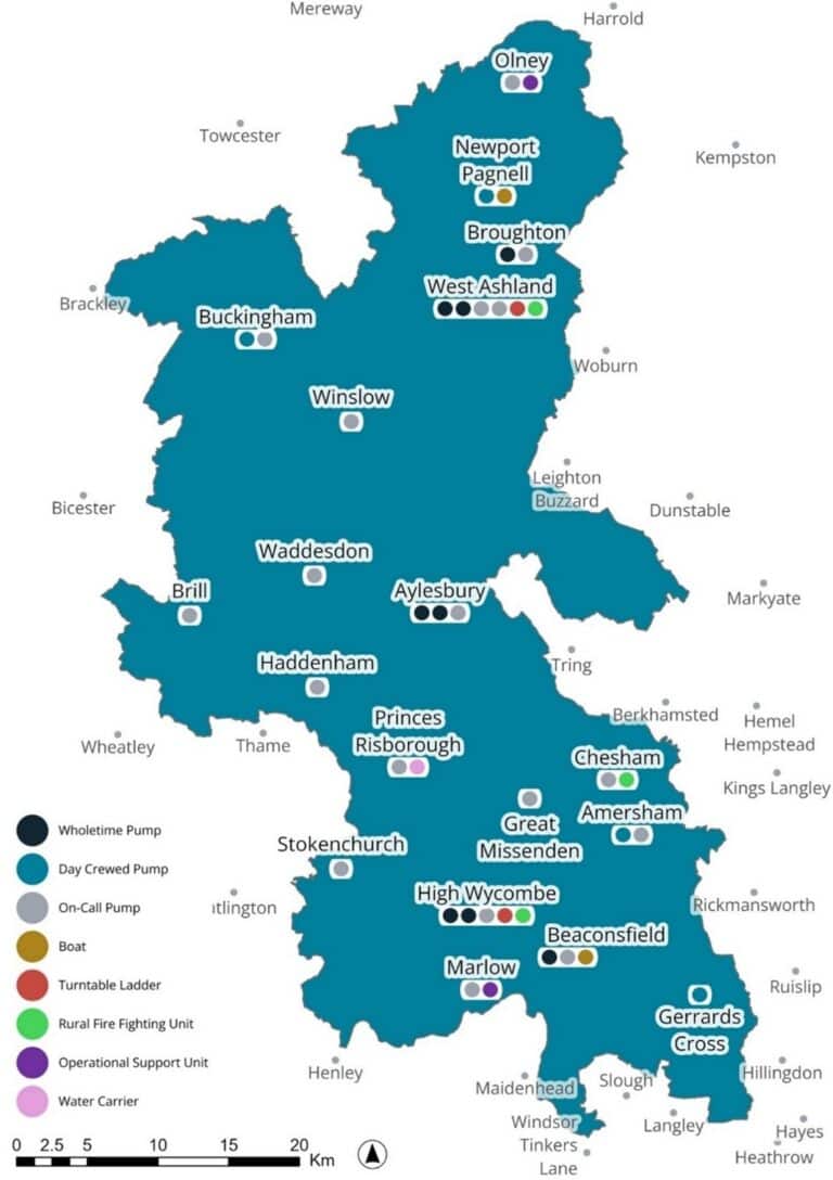 Map of fire and rescue resources across a Buckinghamshire and Milton Keynes, showing towns such as Olney, Newport Pagnell, Aylesbury, High Wycombe, and others. Each location is marked with colored icons representing different types of firefighting and support units, including wholetime pumps (dark blue), day crewed pumps (light blue), on-call pumps (grey), boats (orange), turntable ladders (red), rural fire fighting units (green), operational support units (purple), and water carriers (pink). The map includes a compass for orientation and a scale bar indicating distances up to 20 kilometers.